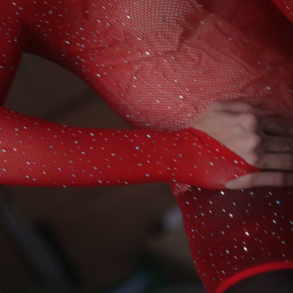 NWOT Red Rhinestone Fishnet Bodysuit. - Picture 3 of 8